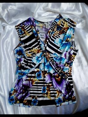 Cache Floral Stripe Wrap-Style Camisole in Black, Blue & Purple